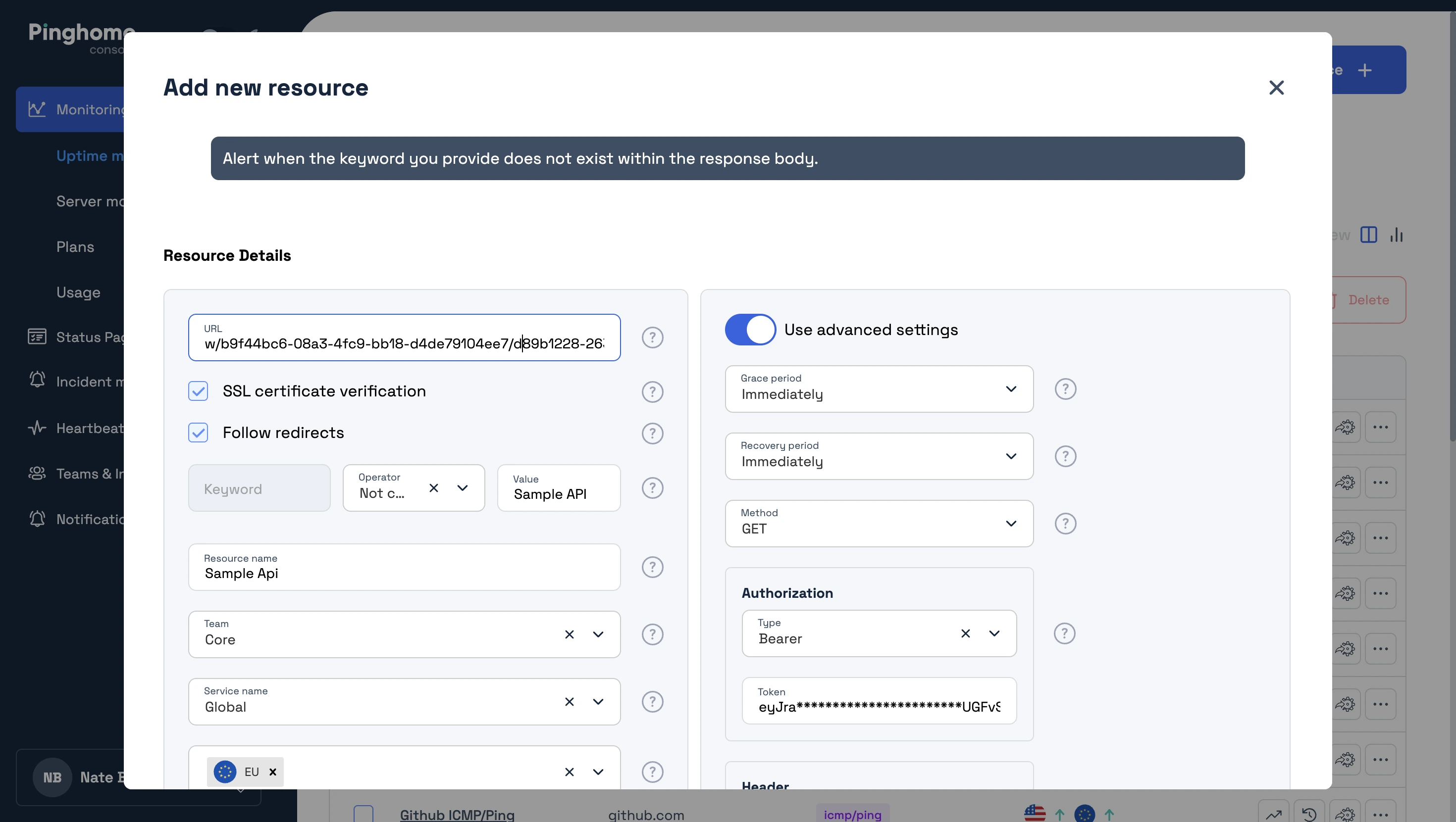 Uptime monitoring resource which require authorization or proper cookies to allow HTTP requests at Pinghome