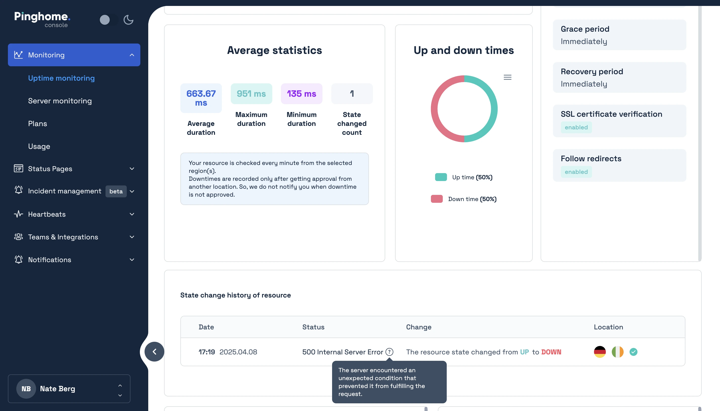 Uptime monitoring statistics dashboard at Pinghome