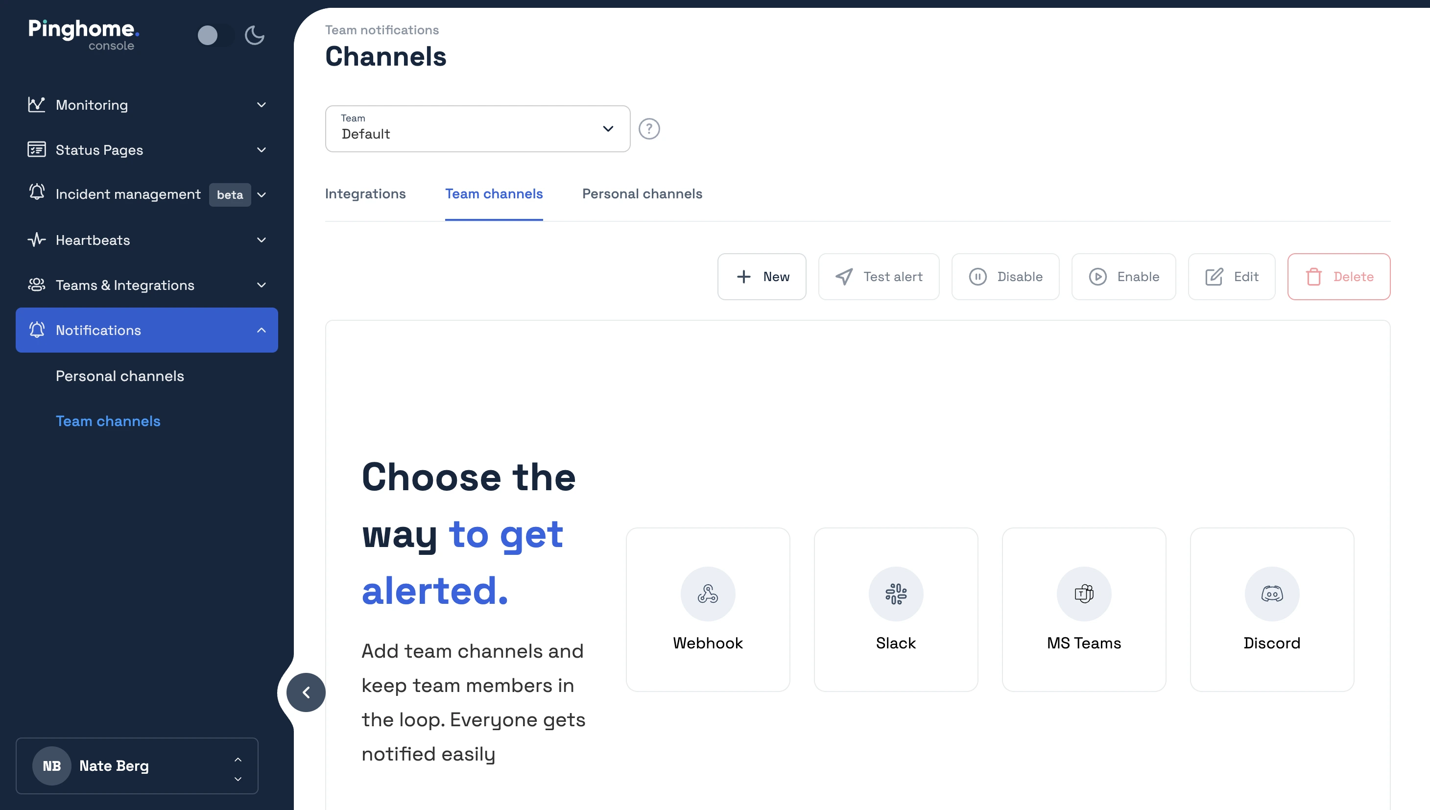 Team notifications channels at Pinghome